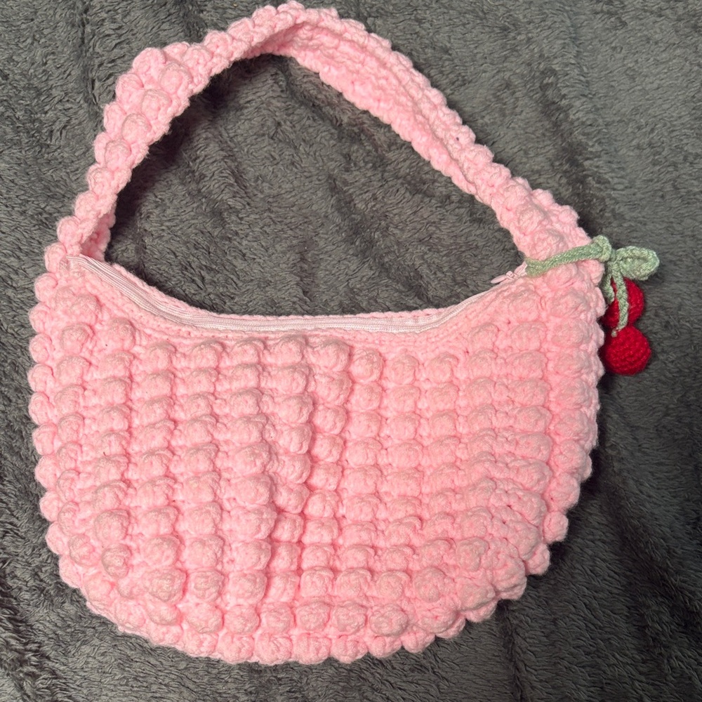 Handmade Pink Crochet Women Bag With Cherry and Zipper